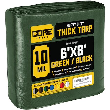 Core Tarps Heavy Duty Tarp, 8 ft L x 0.5 mm H x 6 ft W, 10 Mil, Green/Black, Polyethylene CT-603-6X8